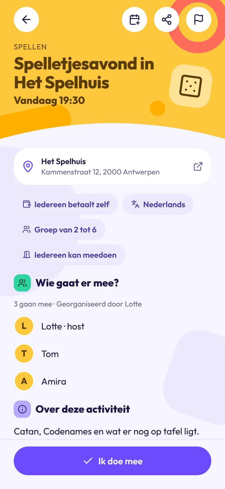 Detail uit de app: groep van 2 tot 6, iedereen kan meedoen, en wie er meegaat: Lotte, Tom en Amira.