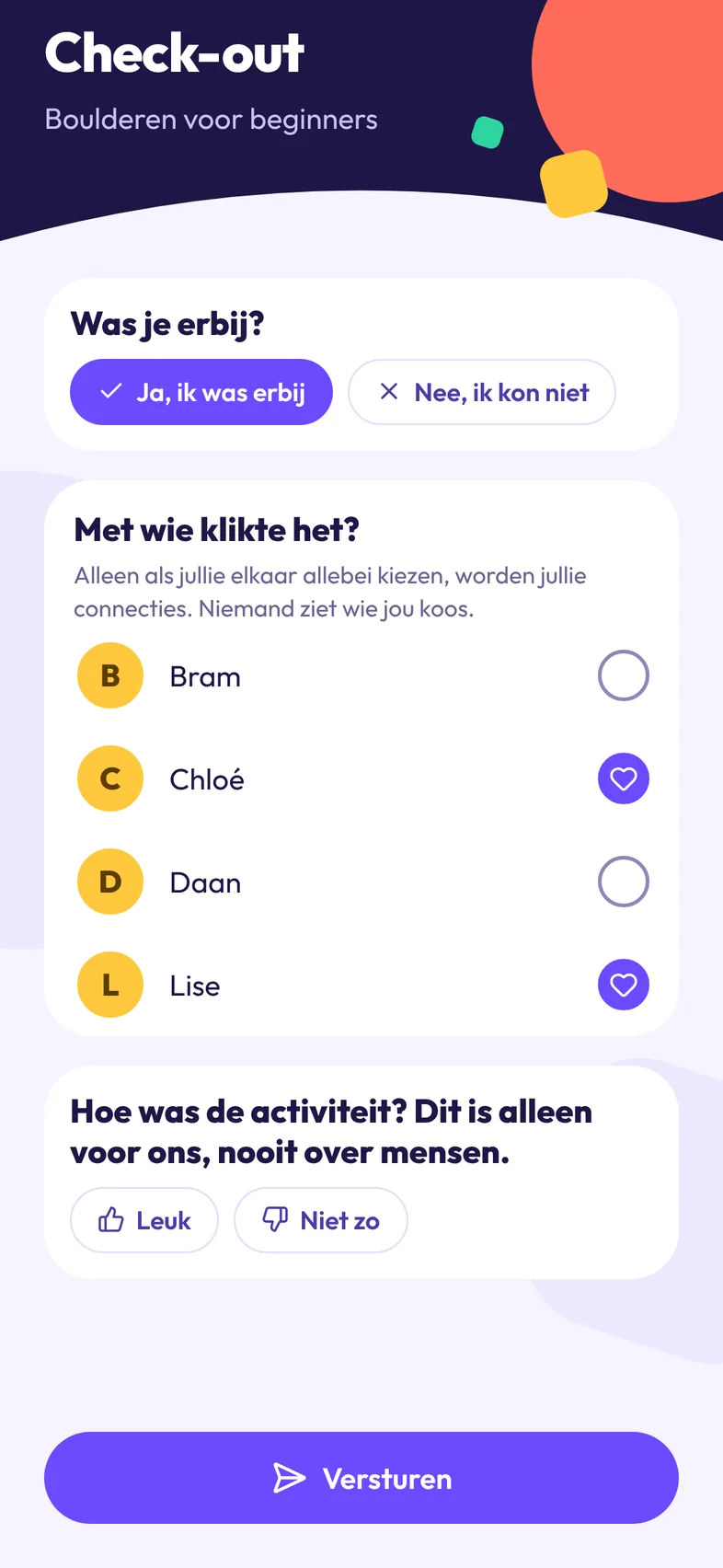 De check-out: met wie klikte het, met vinkjes bij Chloé en Lise.